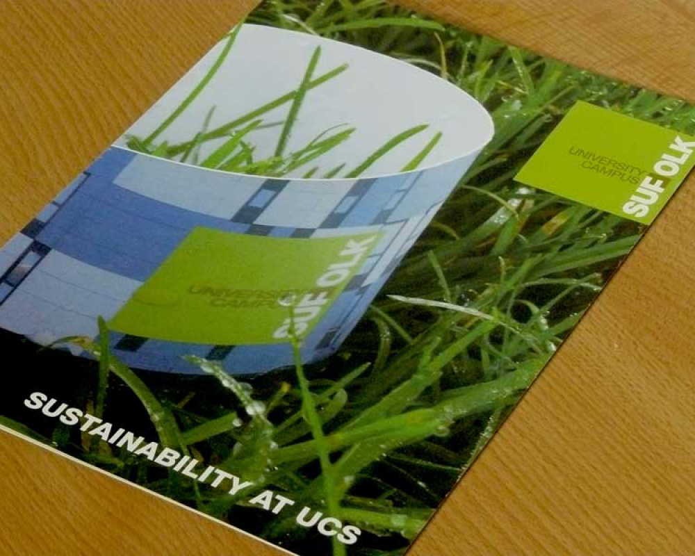 Outside cover of University Campus Suffolk Sustainability Leaflet