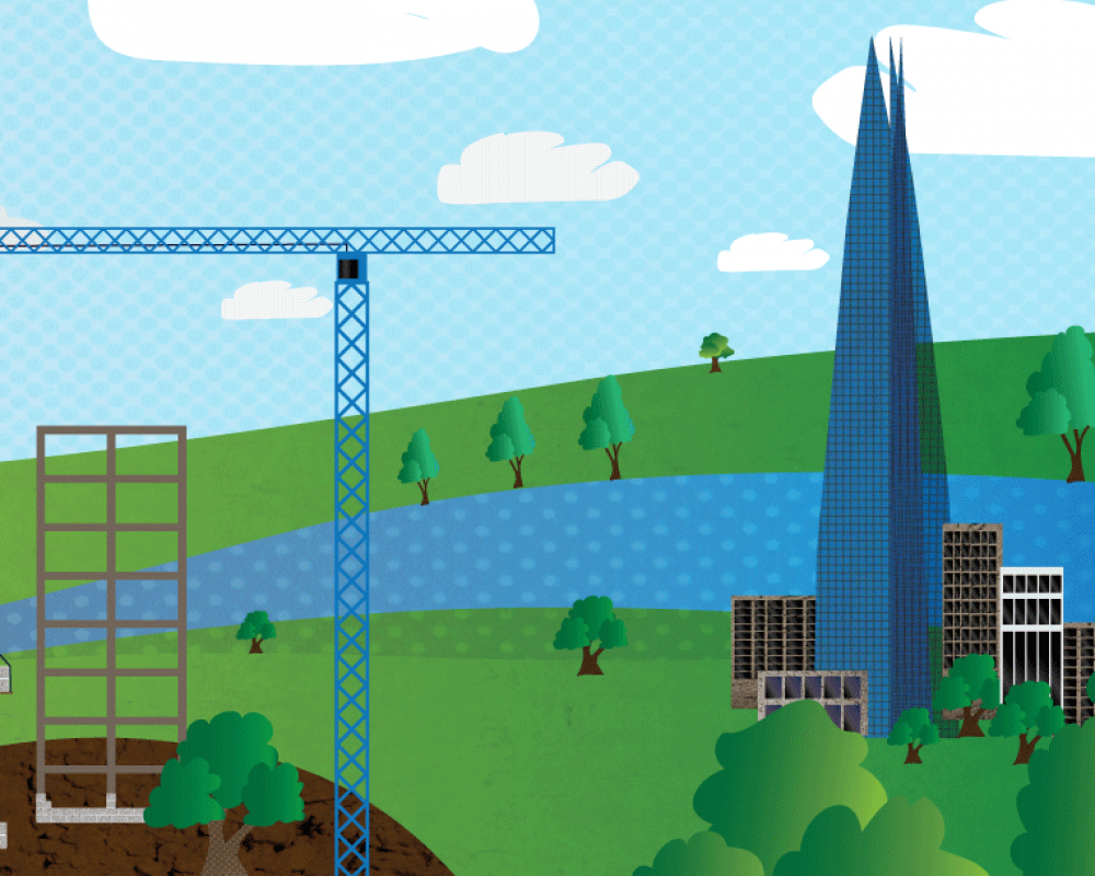Close up of infographic for Carbon 8 showing the final stages of using carbon neutral aggregates for buildings like the Shard in London